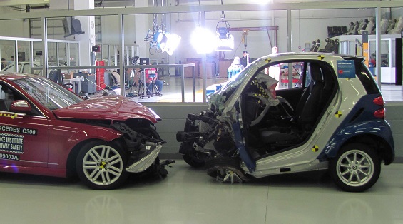 Smart Fortwo crashing into a Mercedes-Benz