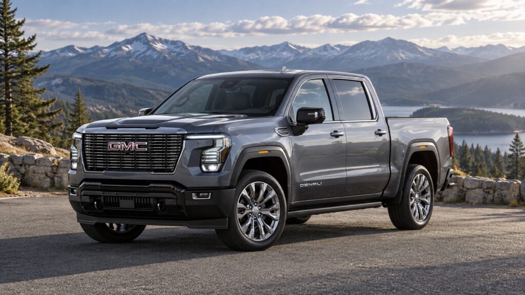 GMC Sierra Denali pickup at a mountain overlook