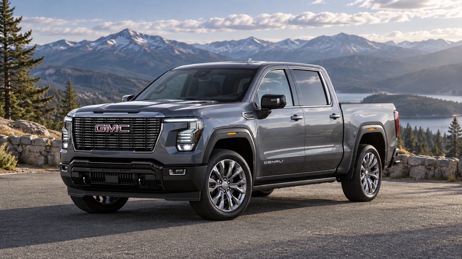 GMC Sierra Denali pickup at a mountain overlook