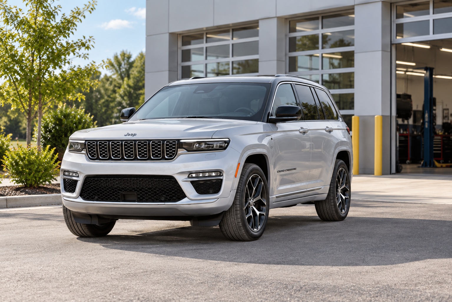 Silver Jeep Grand Cherokee parked outside a service building