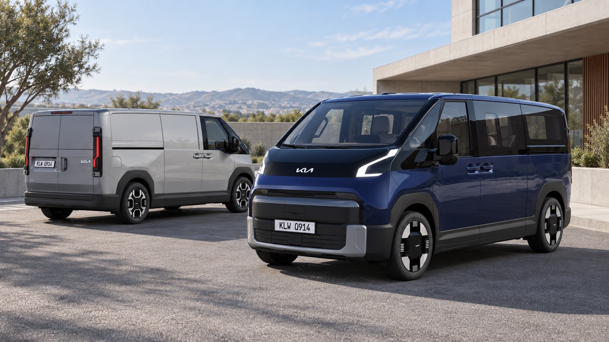 A dark-blue Kia PV7 passenger van and a silver PV7 cargo van parked outside a modern building.