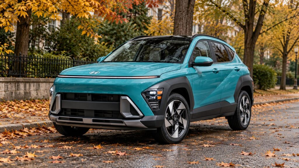 Teal Hyundai Kona parked on a leafy city street in autumn