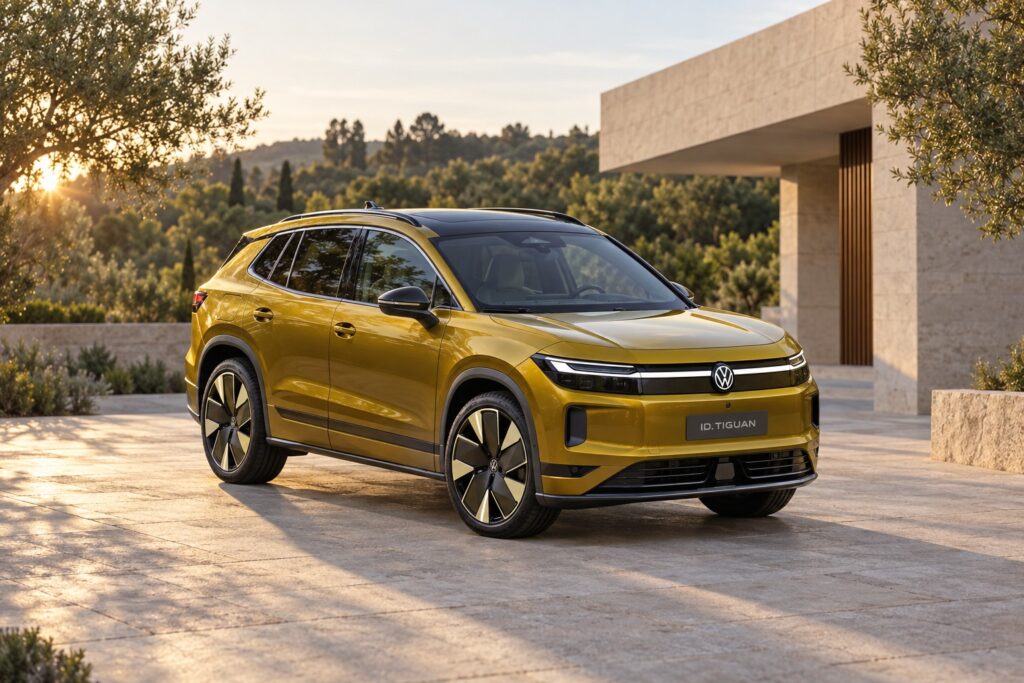 Gold Volkswagen ID. Tiguan electric SUV with a black roof parked in a stone courtyard.